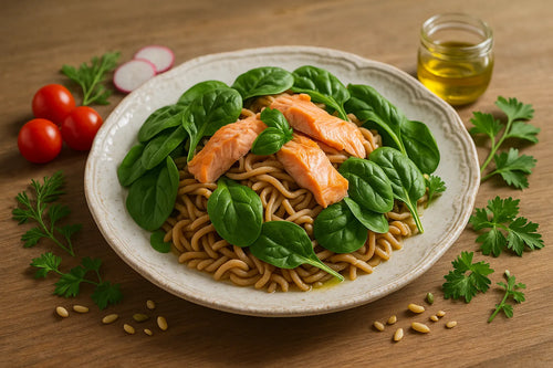 Whole-grain pasta with spinach and salmon