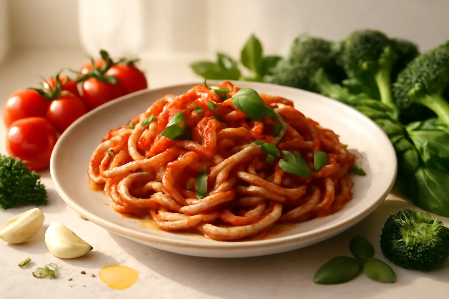 Whole-grain pasta with tomato and basil