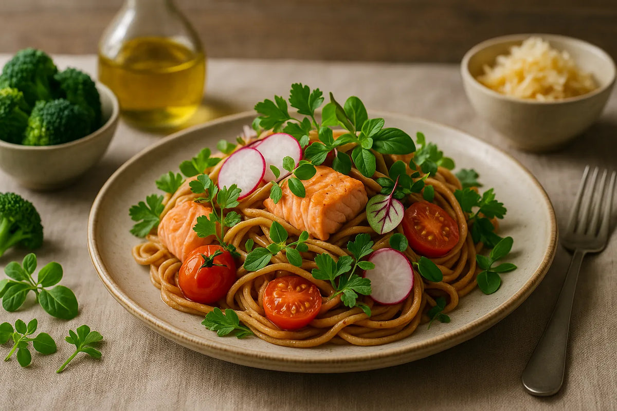 Whole-grain pasta with tomato and salmon