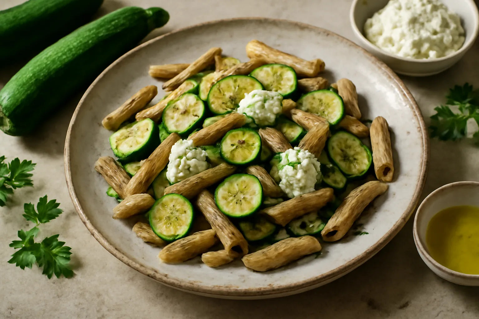 Volkoren penne met courgette en ricotta