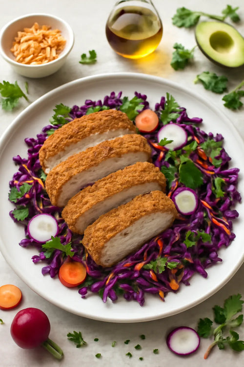 Whole-grain pork schnitzel with red cabbage