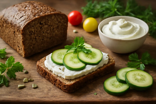 Whole-grain rye bread with quark and cucumber