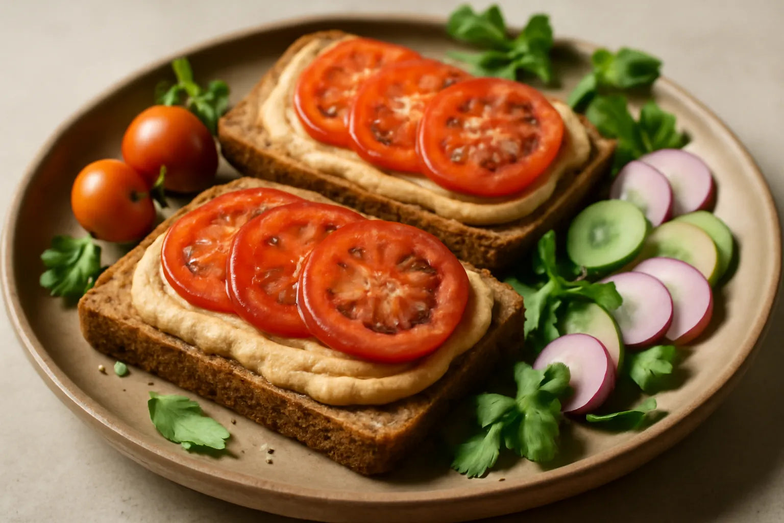 Volkoren toast met hummus en tomaat