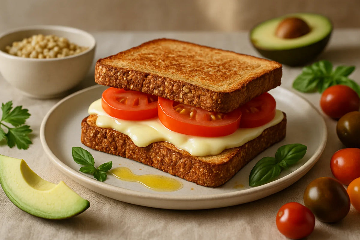 Sándwich tostado integral con queso bajo en grasa y tomate