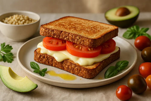 Vollkorn-Toast-Sandwich mit fettarmem Käse und Tomate