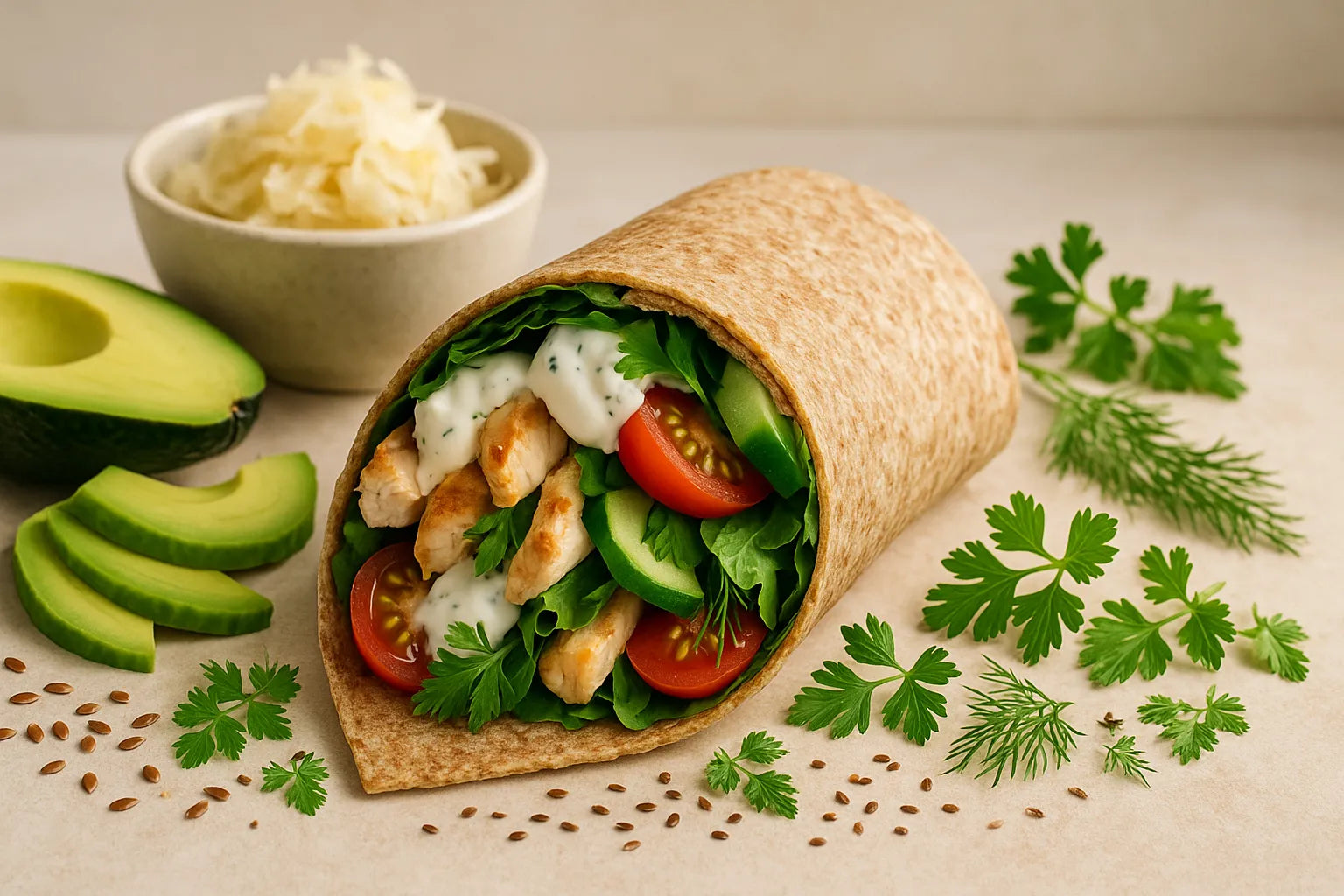 Whole-grain wrap with chicken and yogurt sauce