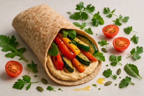 Whole-grain wrap with hummus and grilled vegetables