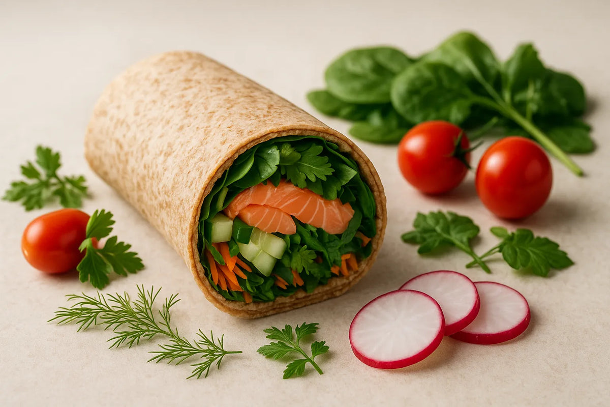 Whole-grain wrap with salmon and cucumber