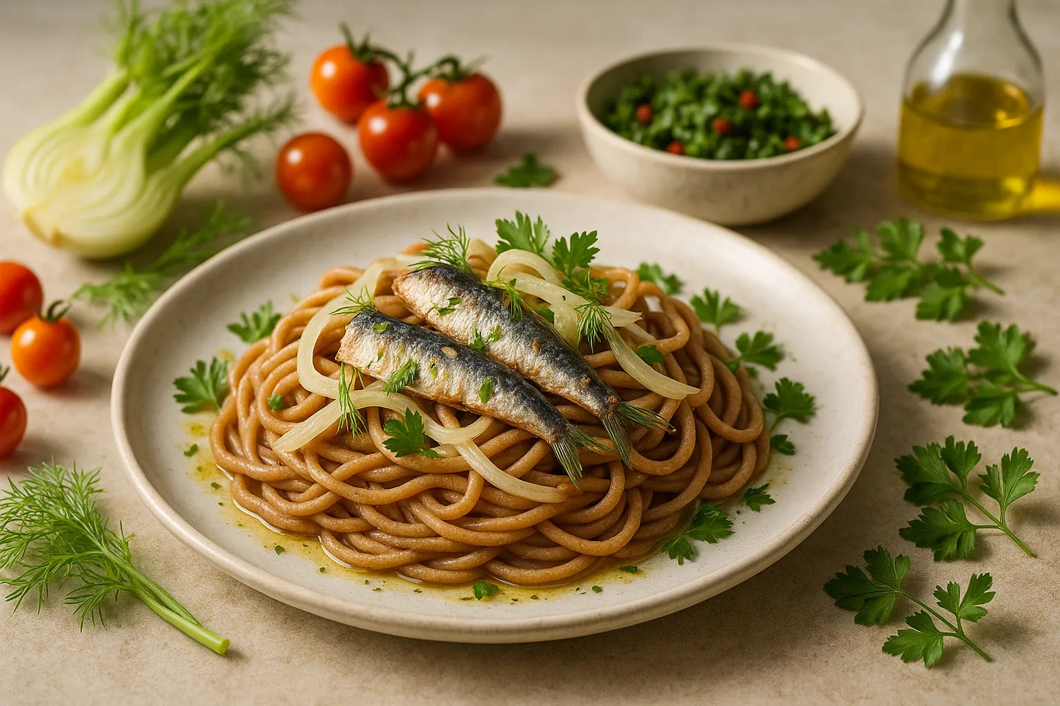Pasta integral con sardinas y hinojo