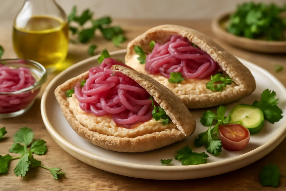 Vollkorn-Pita mit Hummus und eingelegter roter Zwiebel