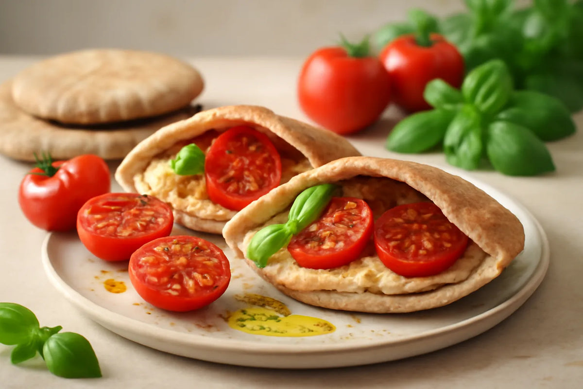 Vollkornpita mit Hummus und gerösteten Tomaten