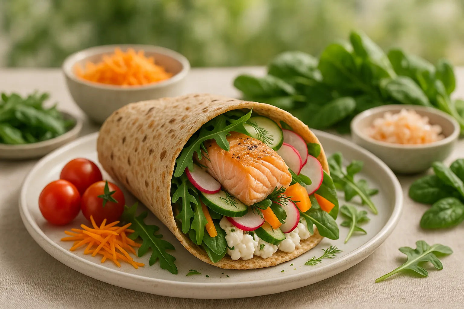 Wrap with salmon, cottage cheese and arugula