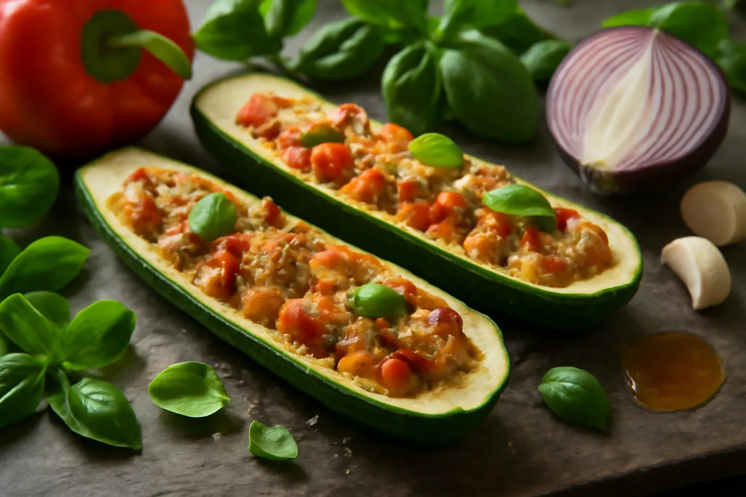 Courgettebootjes met kip en paprika