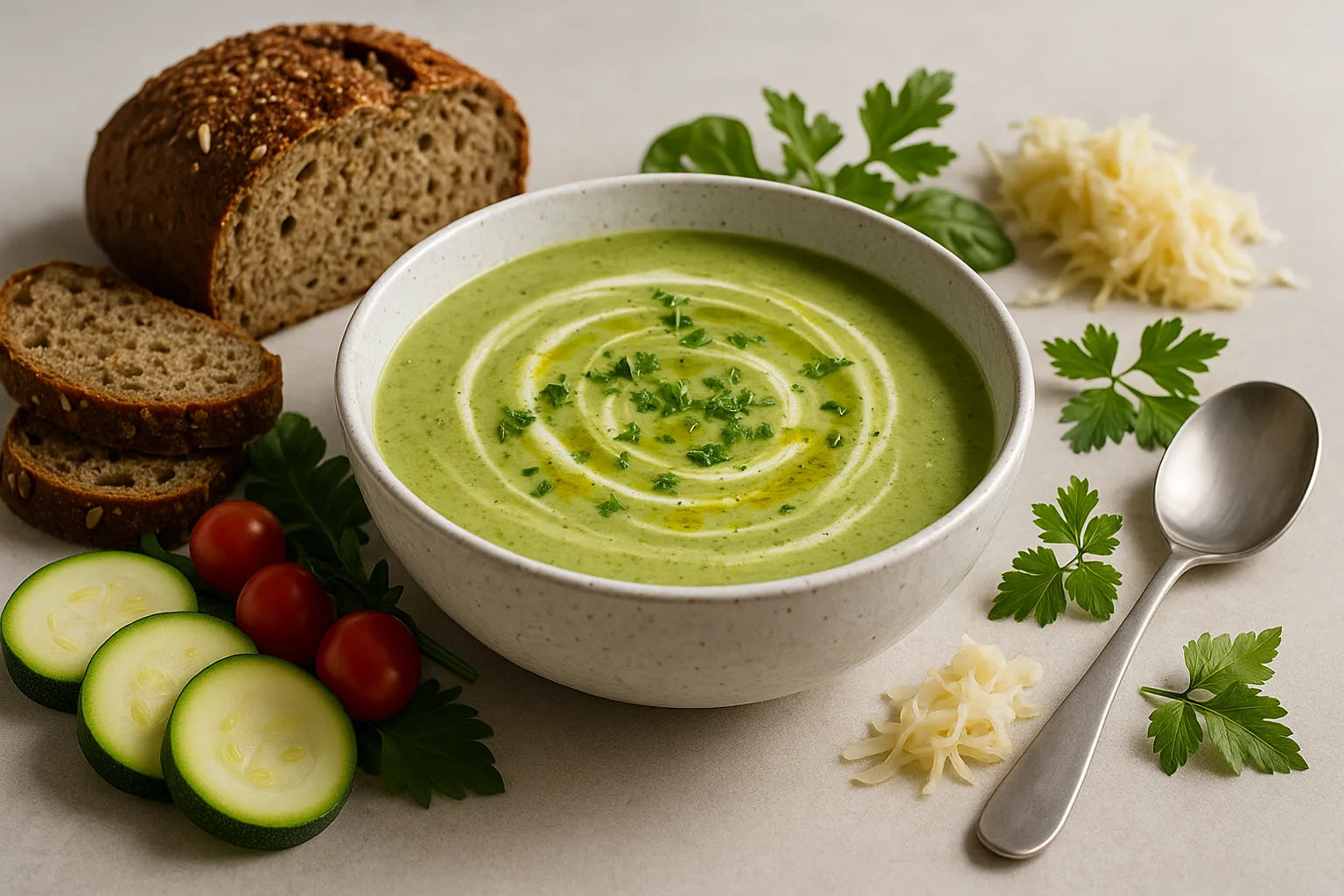 Zucchini soup with whole-grain bread